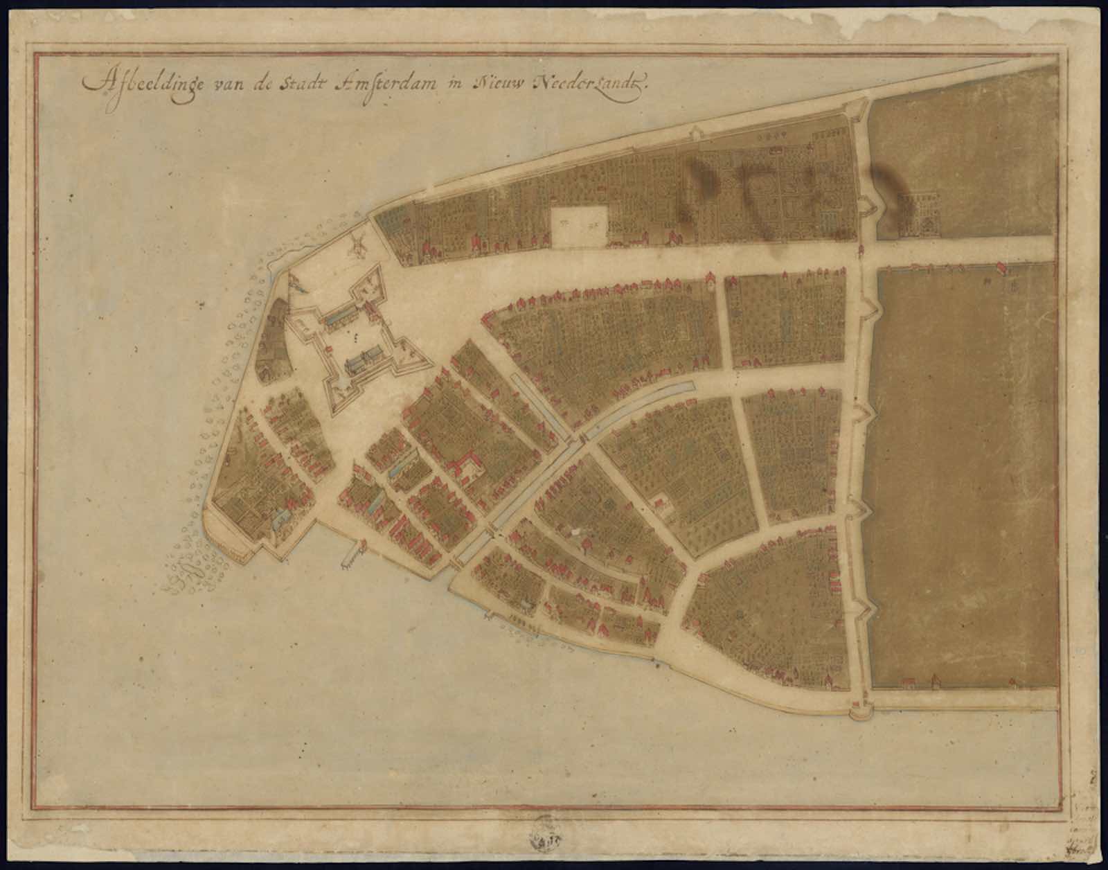 Jacques Cortelyou (ca. 1625–1693), surveyor, Johannes Vingboons (1616–1670), artist, Afbeeldinge van de Stadt Amsterdam in Nieuw Neederlandt (Picture of the City of Amsterdam in New Netherland), 1660. Florence,